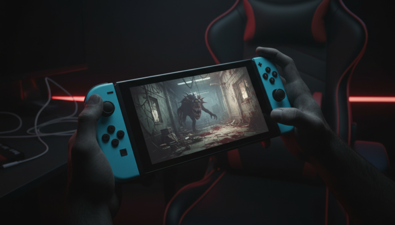 Mãos segurando um Nintendo Switch 2 com um jogo de terror assustador na tela, em um ambiente escuro e imersivo.
