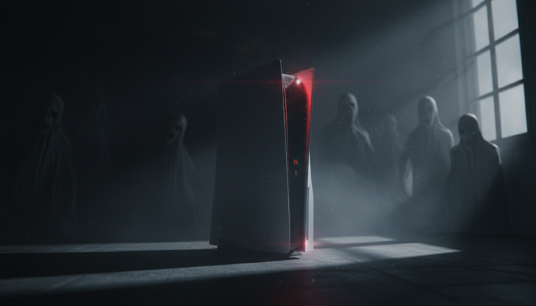 PlayStation 5 com iluminação vermelha, figuras espectrais e atmosfera de terror, representando os lançamentos de jogos de horror de 2026.