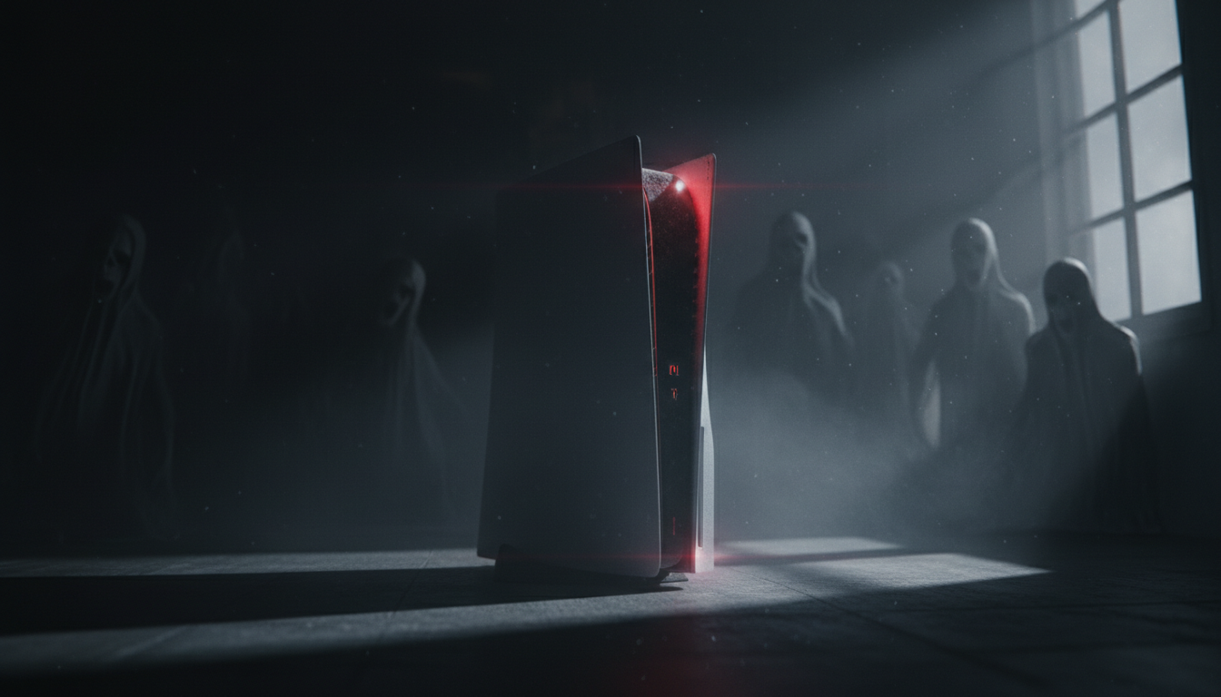 PlayStation 5 com iluminação vermelha, figuras espectrais e atmosfera de terror, representando os lançamentos de jogos de horror de 2026.