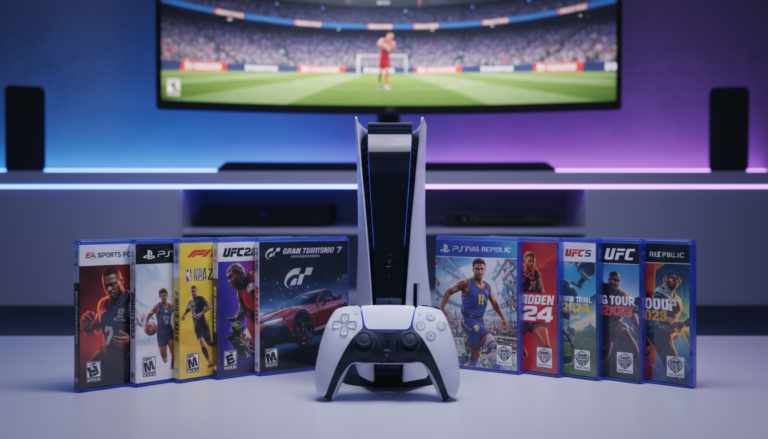 Jogos de esportes PS5, melhores títulos esportivos PlayStation 5, EA Sports FC, NBA 2K, F1 23, Gran Turismo 7, Madden NFL, MLB The Show, UFC 5, PGA Tour 2K, eFootball, Riders Republic