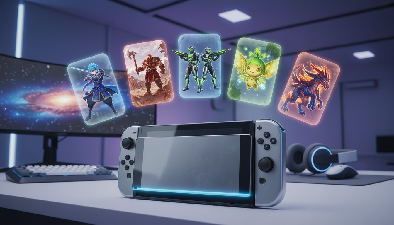 Nintendo Switch 2 com hologramas de RPGs, jogos de 2026, RPGs Switch 2, Chronicles of Eldoria, Aethelgard, Starlight Tactics, Whispering Woods Saga, Mythic Keepers