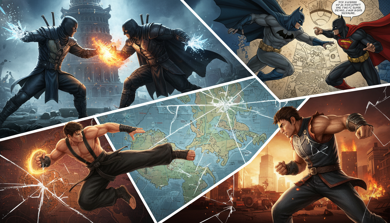Montagem de personagens de jogos de luta de PC, incluindo Mortal Kombat, Injustice, Street Fighter e Tekken, ilustrando suas campanhas single-player ricas.