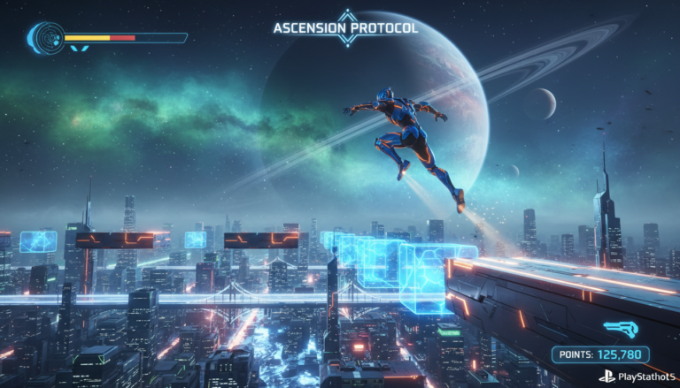 Cena de jogo de plataforma PS5 2026, personagem pulando, gráficos vibrantes