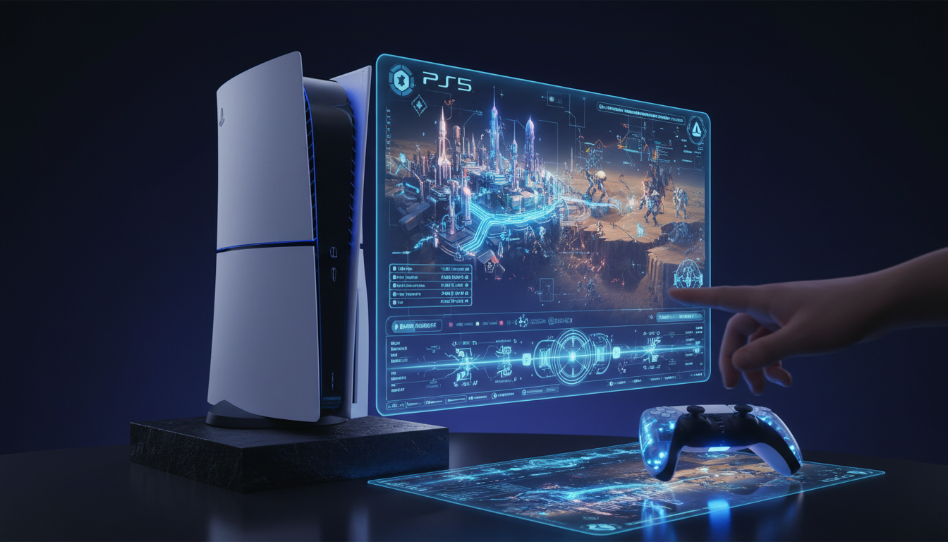 PS5 estratégia 2026 inovador, jogos futuristas PlayStation 5, console PS5 holográfico, controle DualSense e estratégia