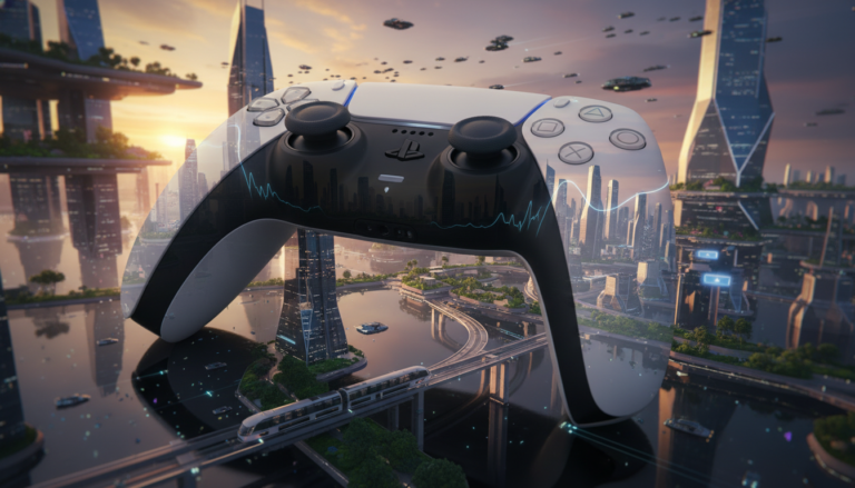 Controle DualSense refletindo uma cidade futurista de jogo de simulação para PS5, ano 2026, com gráficos realistas e tecnologia avançada.