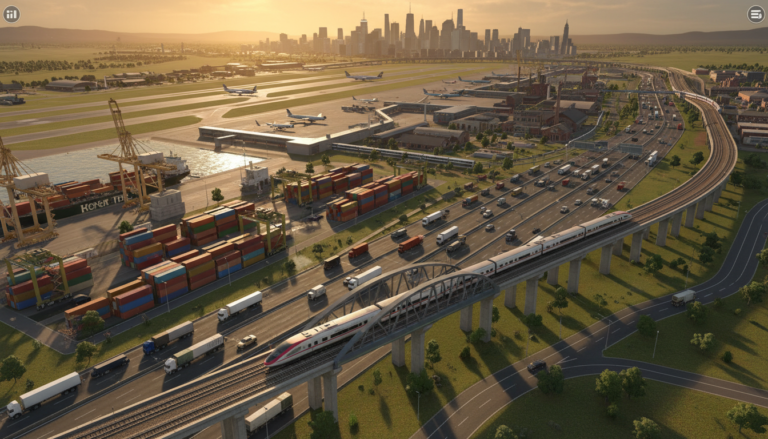 Transport Fever 2 império logístico, rede de transporte multimodal, trens, caminhões, navios, aviões, cidades em crescimento, simulação de logística.