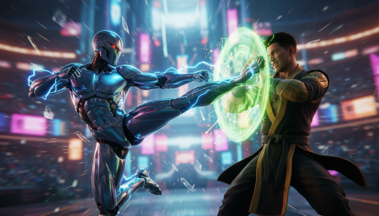 Ilustração de personagens de Jogos de Luta para PC Que Chegam em 2026 em combate futurista