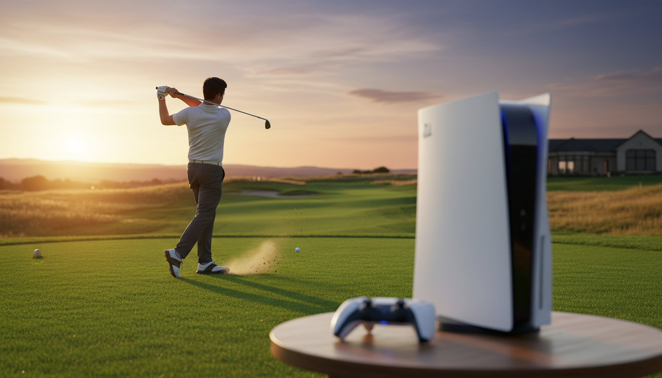 Golfista virtual jogando PGA Tour 2K21 em um campo exuberante no PS5, com o controle DualSense em primeiro plano.