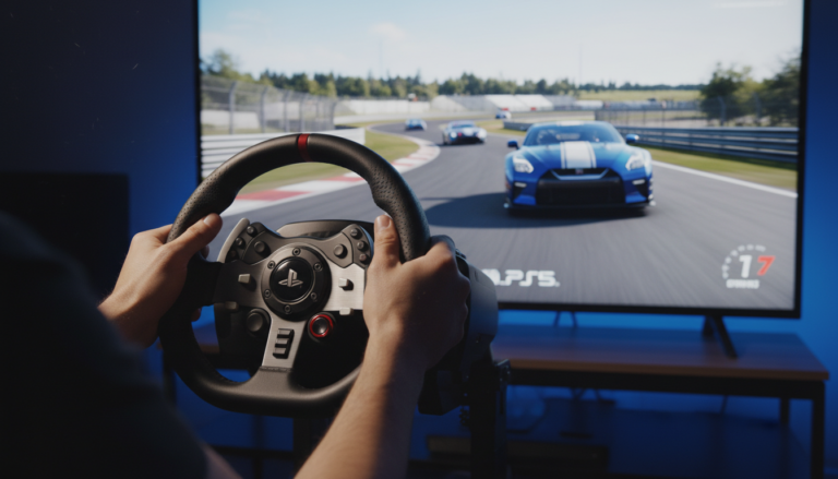 Jogador usando volante de corrida no PS5, Gran Turismo 7, jogos de corrida realistas, simulação de corrida