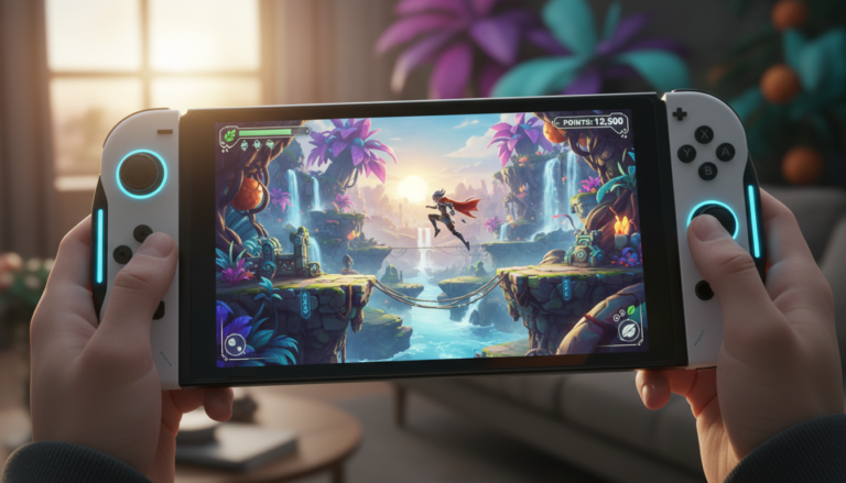 Screenshot de jogo de plataforma de aventura no Switch 2 com personagem pulando em ambiente rico