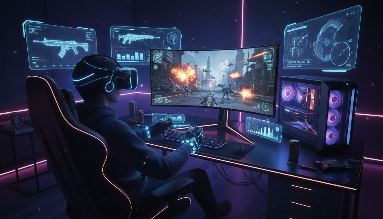 Gamer com headset VR jogando shooter de PC futurista em 2026