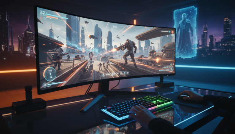 Setup gamer futurista exibindo jogo de ação e aventura de PC de 2026
