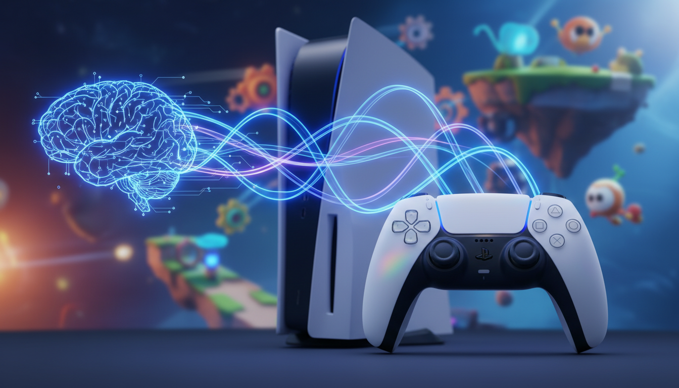 Console PS5 com controle DualSense e cena de jogo de plataforma, representando o desenvolvimento cognitivo através de videogames