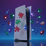 PlayStation 5 com peças de quebra-cabeça flutuantes em tons de azul e roxo, ilustrando jogos de puzzle.