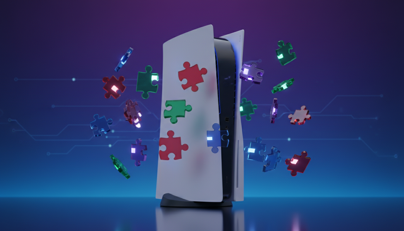 PlayStation 5 com peças de quebra-cabeça flutuantes em tons de azul e roxo, ilustrando jogos de puzzle.