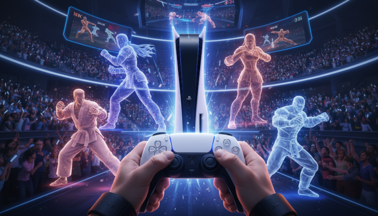 Console PS5 com jogadores de fighting games em destaque, simbolizando a descoberta de novos talentos e o futuro dos esports.