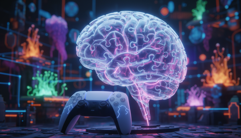 Cérebro abstrato e controle PS5 DualSense com luzes, representando jogos de puzzle inovadores.