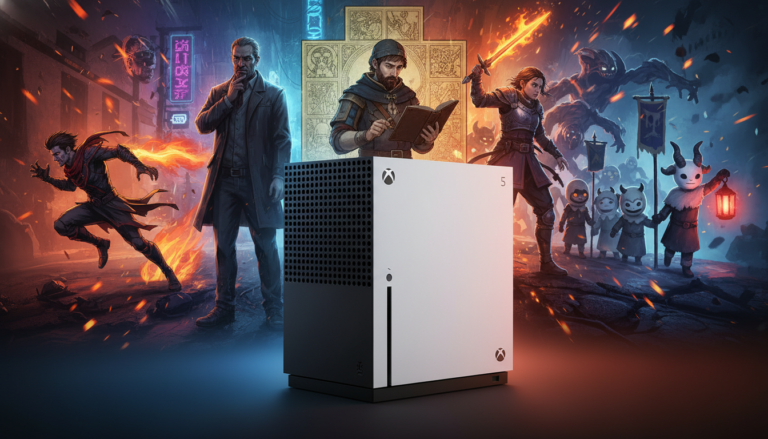 Xbox Series S e uma colagem de jogos RPG como Hades, Disco Elysium, Pentiment, Children of Morta e Cult of the Lamb, representando sessões de jogo curtas e divertidas.