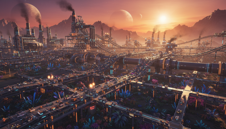 Fábrica Satisfactory, automação industrial, jogo de construção, planeta alienígena, logística de recursos, esteiras transportadoras