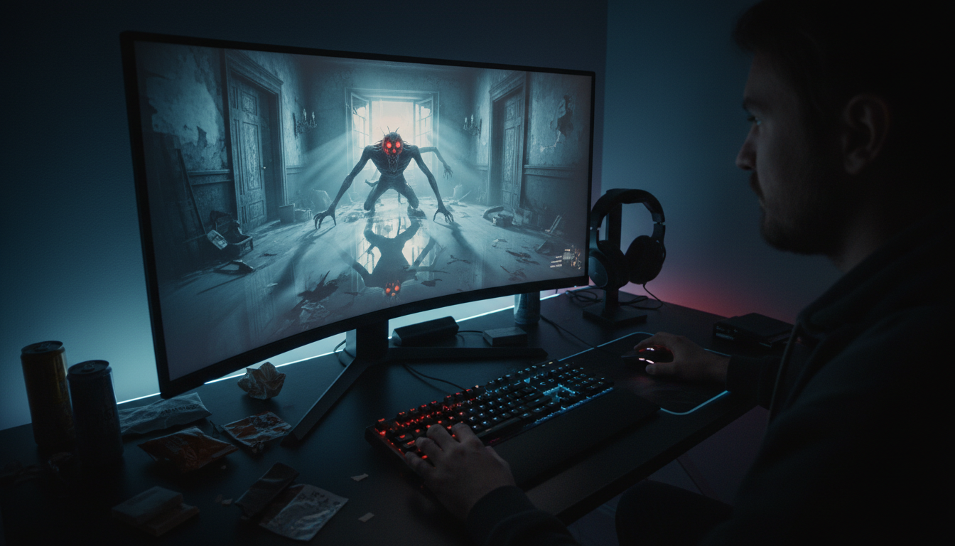 Gamer jogando terror em alta definição no PC em 2026, com ray tracing e áudio 3D