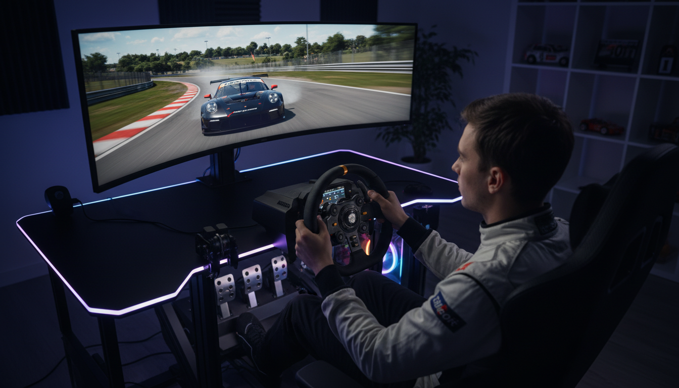 Jogador com setup de simulador de corrida para PC, mostrando um jogo de corrida realista na tela, com volante e pedais.