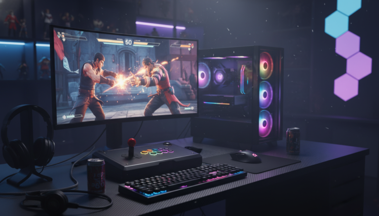 Gamer com fight stick em setup de PC jogando um jogo de luta de 2026