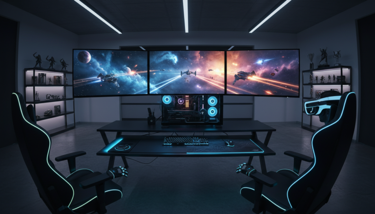 Setup gamer com PC de alto desempenho, monitores ultrawide, óculos VR, luvas hápticas, simulador espacial futurista, gráficos realistas, 2026, tecnologia de imersão.