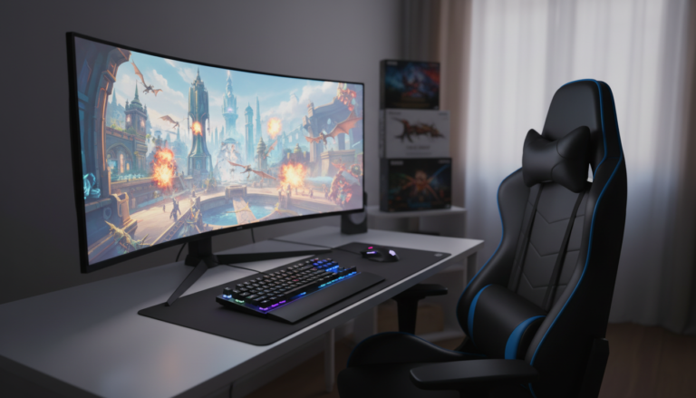 Gamer jogando Lançamentos de Ação e Aventura para PC em 2026 em setup de alta performance.