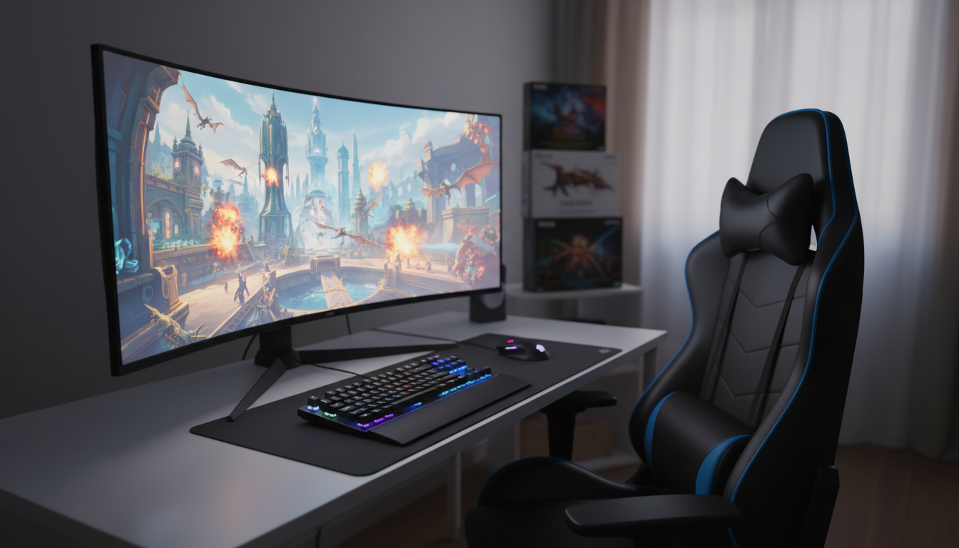 Gamer jogando Lançamentos de Ação e Aventura para PC em 2026 em setup de alta performance.