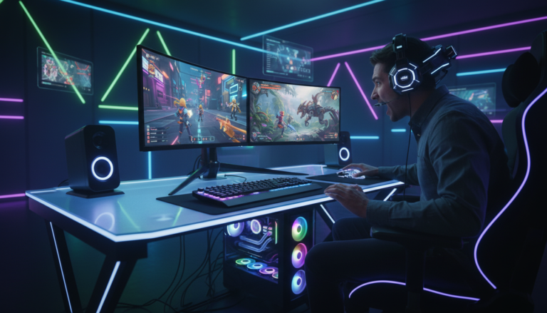 Gamer jogando shooters de PC em 2026, com telas divididas mostrando multiplayer competitivo e campanha single-player imersiva.