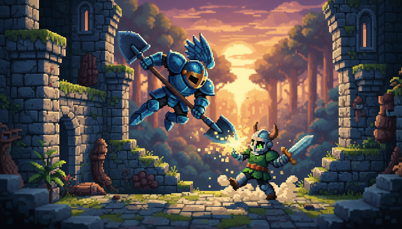 Shovel Knight com sua pá-espada em um cenário de plataforma retro no PC.