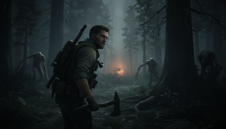 Jogador assustado na escuridão da floresta em Sons of the Forest (PC) com mutantes ao fundo