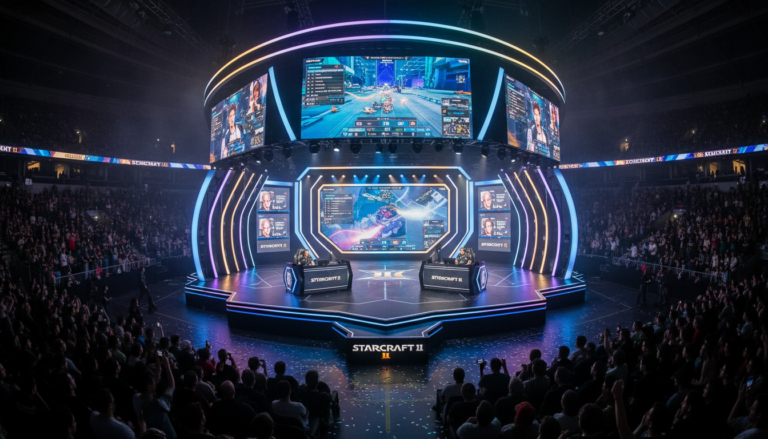 Jogadores de StarCraft II competindo em um torneio de eSports, StarCraft II estratégia, cena competitiva de StarCraft II, eSports de estratégia