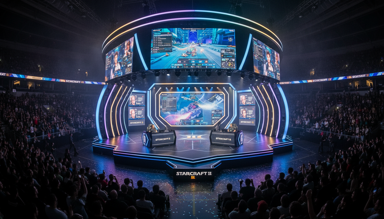 Jogadores de StarCraft II competindo em um torneio de eSports, StarCraft II estratégia, cena competitiva de StarCraft II, eSports de estratégia