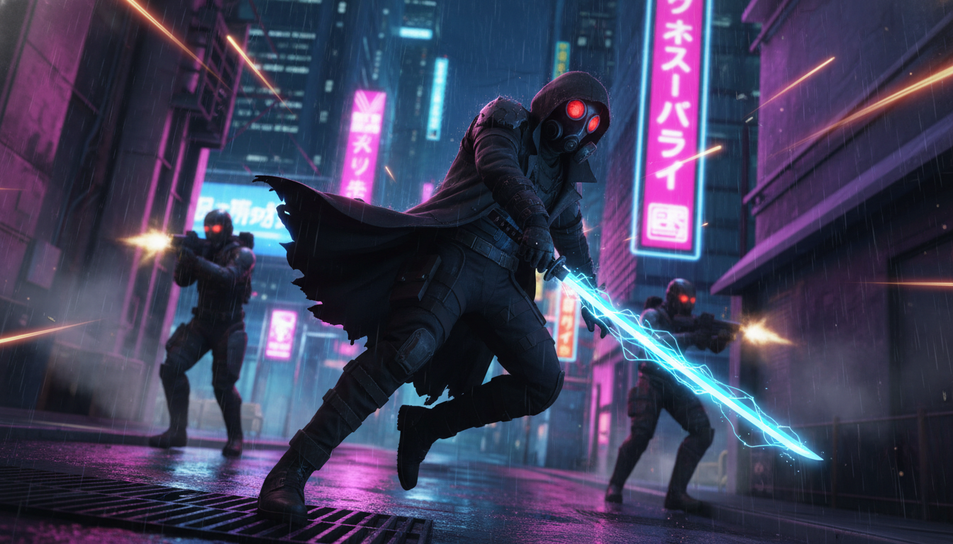 Katana ZERO PC: Subject Zero desviando de balas em cenário neon