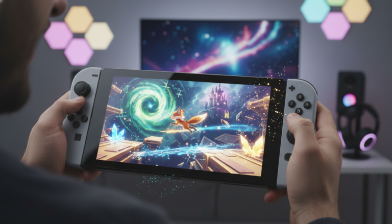 Nintendo Switch 2 otimizando gráficos e desempenho em jogos de plataforma, com um personagem saltando em um cenário vibrante.