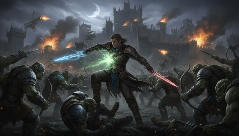 Talion em combate feroz com orcs durante um cerco a fortaleza em Middle-earth: Shadow of War no PC, com efeitos visuais impressionantes e um exército ao fundo.