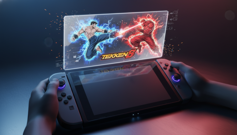 Nintendo Switch 2 com Tekken 8 na tela, personagem Kazuya Mishima em luta, console portátil, gráficos de jogo de luta