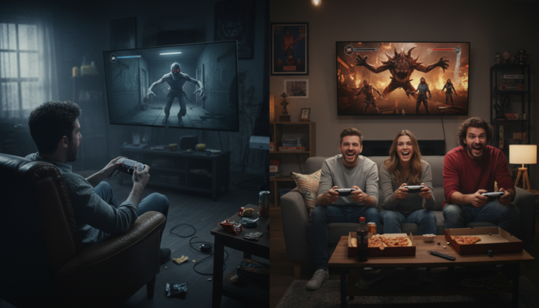 Comparação entre jogador solitário assustado em jogo de terror PS5 e grupo de amigos jogando terror multiplayer no PS5