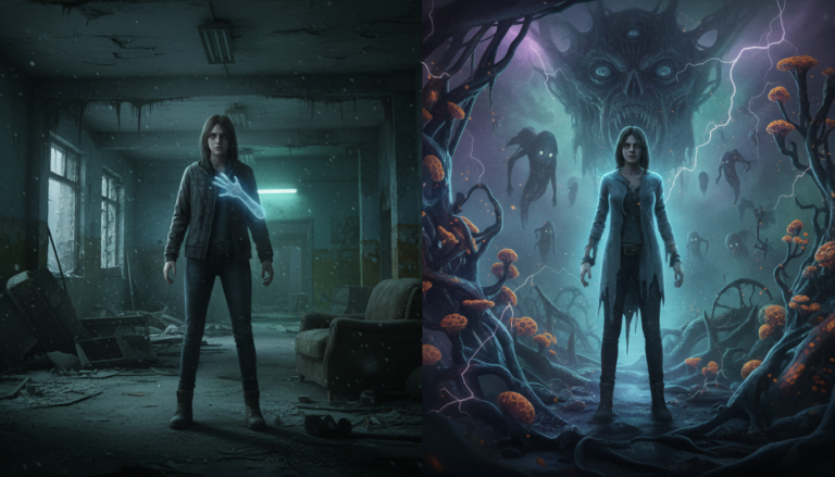 Marianne, protagonista de The Medium (PC), em tela dividida entre o resort abandonado e o reino espiritual distorcido.