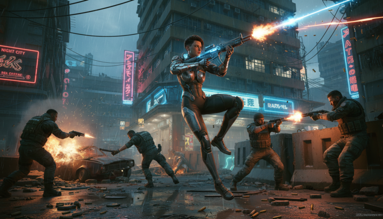 V atirando com rifle em tiroteio de Cyberpunk 2077 Phantom Liberty em Dogtown no PC