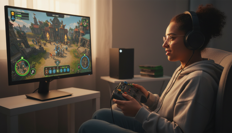 Jogador com deficiência visual usando recursos de acessibilidade para jogar um jogo de estratégia no Xbox Series S, com interface de usuário ampliada e alto contraste.