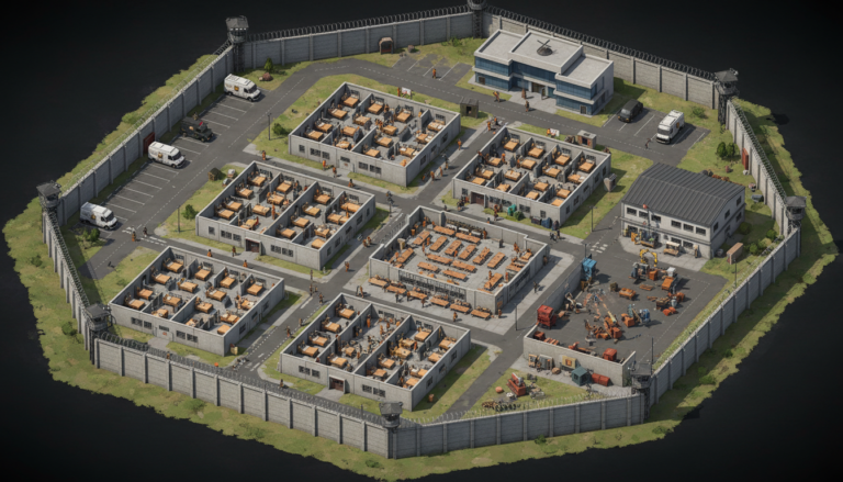 Layout de prisão de segurança máxima no jogo Prison Architect com celas, refeitório e áreas de trabalho