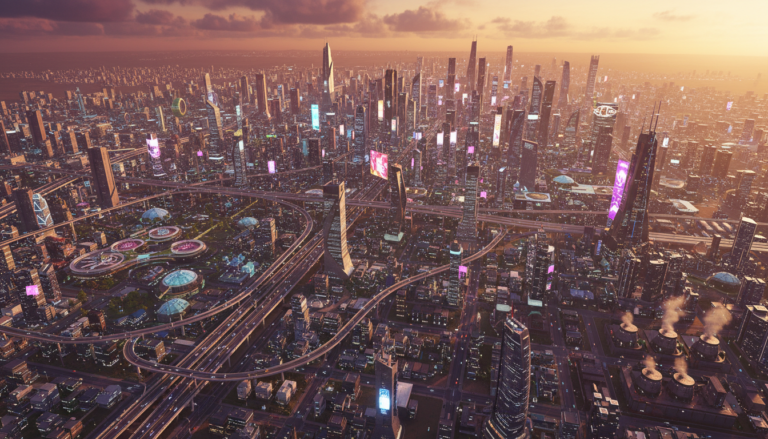 Cidade digital gigante em Cities: Skylines II com autoestradas e edifícios modernos