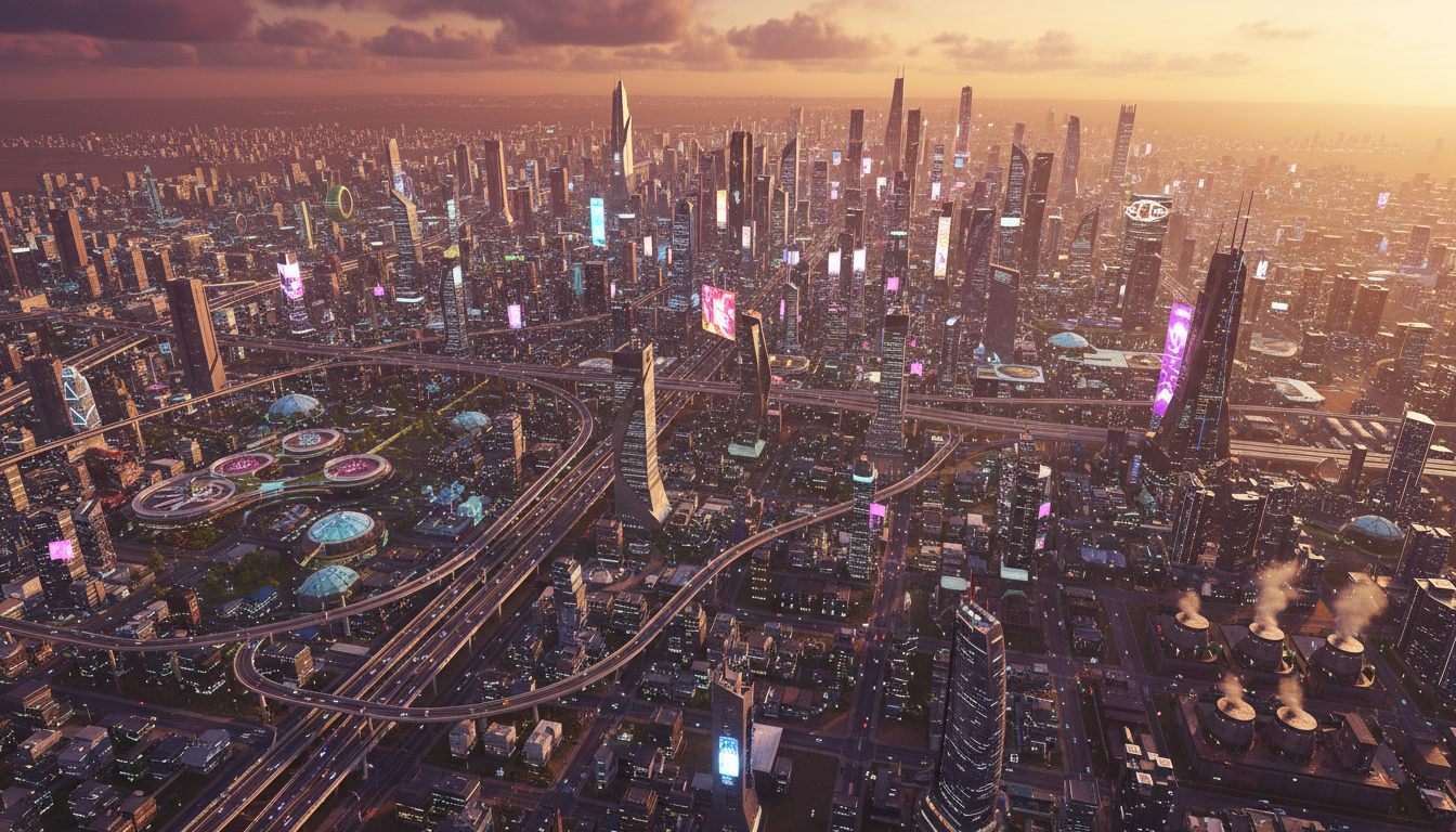 Cidade digital gigante em Cities: Skylines II com autoestradas e edifícios modernos