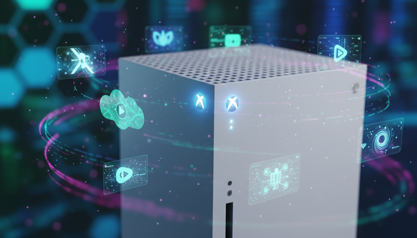 Xbox Series S com projeções holográficas de IA e nuvem, representando as plataformas mais inovadoras que chegam em 2026.