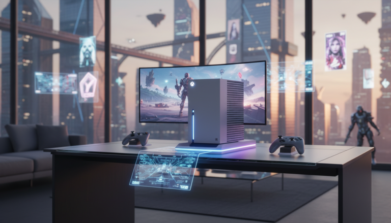 Console Xbox Series S futurista e compacto, com luzes neon, em um ambiente de jogos moderno, simbolizando sua ascensão como plataforma surpresa em 2026.
