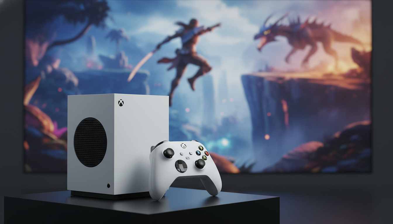 Console Xbox Series S e controle branco com jogo de ação e aventura ao fundo, alta performance, veredito final para gamers