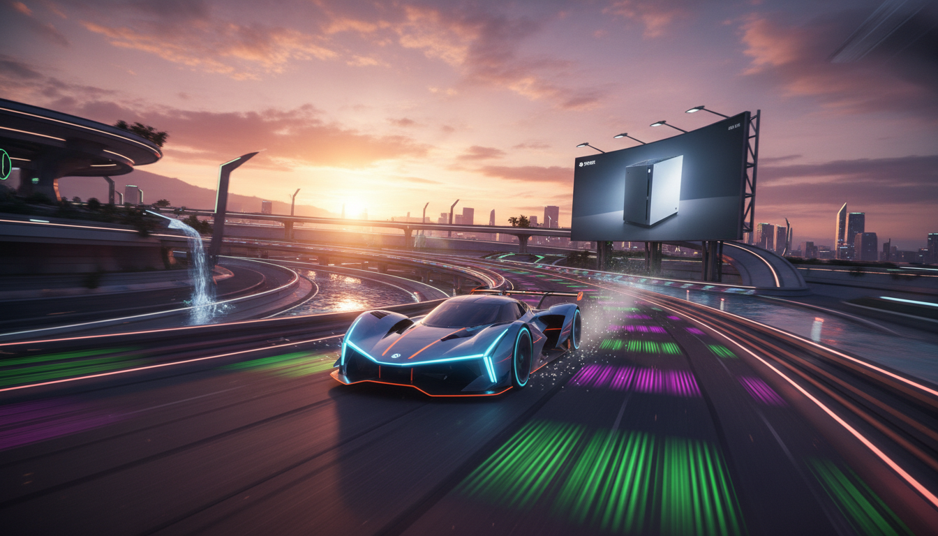 Carro de corrida em alta velocidade no Xbox Series S, jogos de corrida, console Xbox