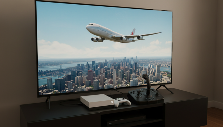 Xbox Series S rodando Microsoft Flight Simulator, joystick HOTAS, experiência de simulador de voo realista